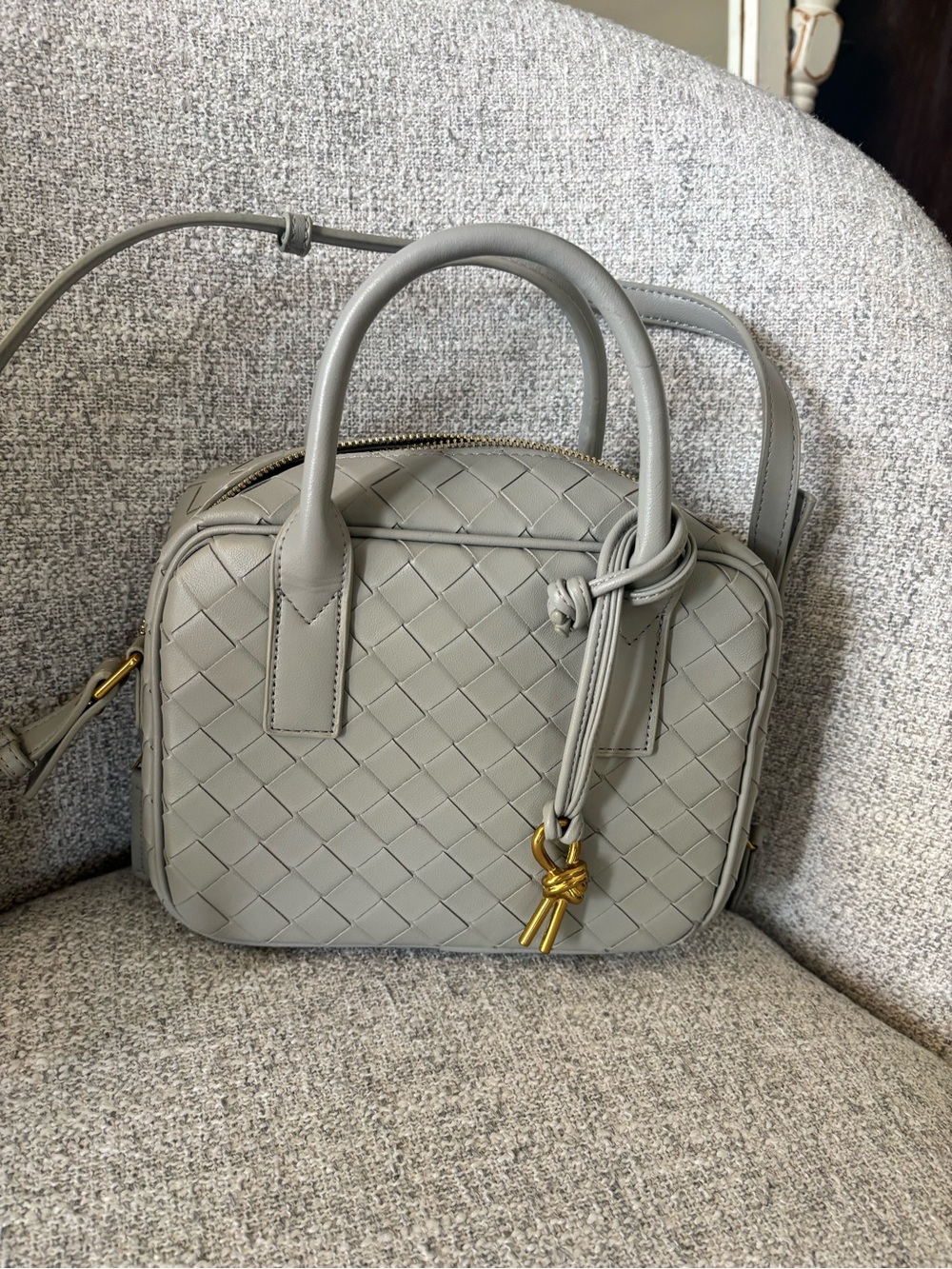 Woven Leather Top-Handle Bag in Light Gray